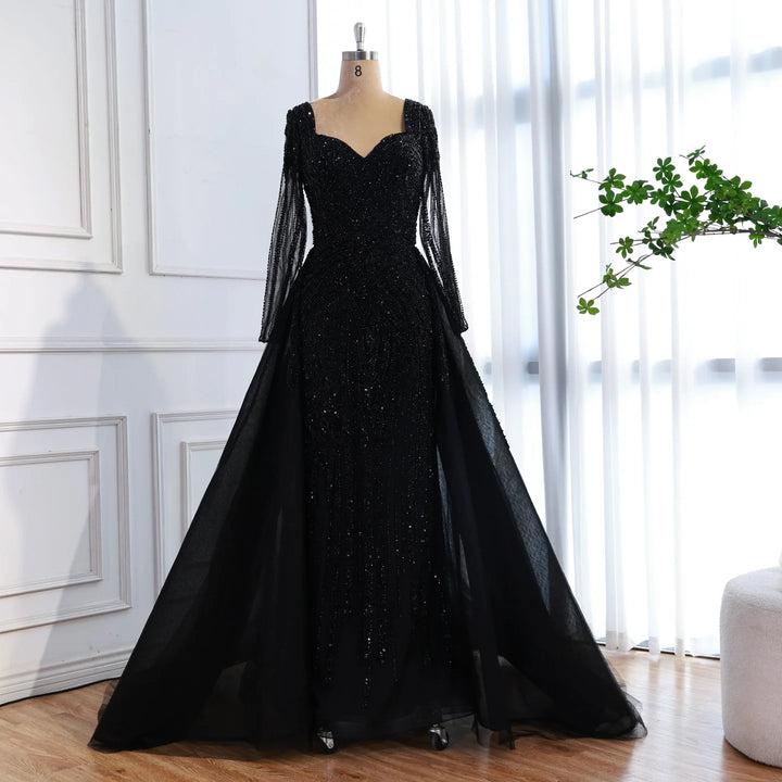Serene Hill Black Long Sleeves Luxury Beaded Evening Dress Overskirt Formal Party Gowns for Women DLA73198 Customized