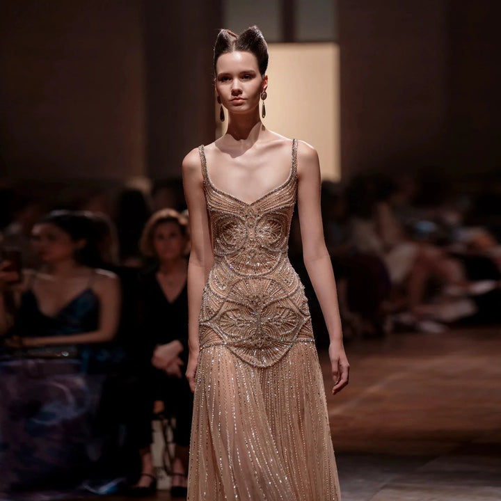 Champagne Beaded Mermaid Evening Dress Luxury Saudi Wedding Gown Customized by ZAPDRESS