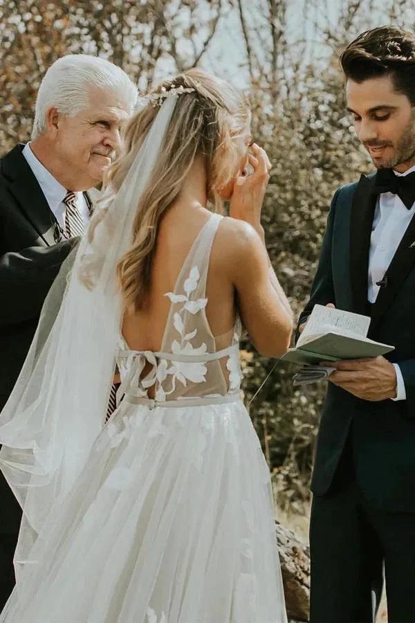 See Through Lace Ivory Tulle V-neck V-back Beach Wedding Dresses WD419 by pgmdress