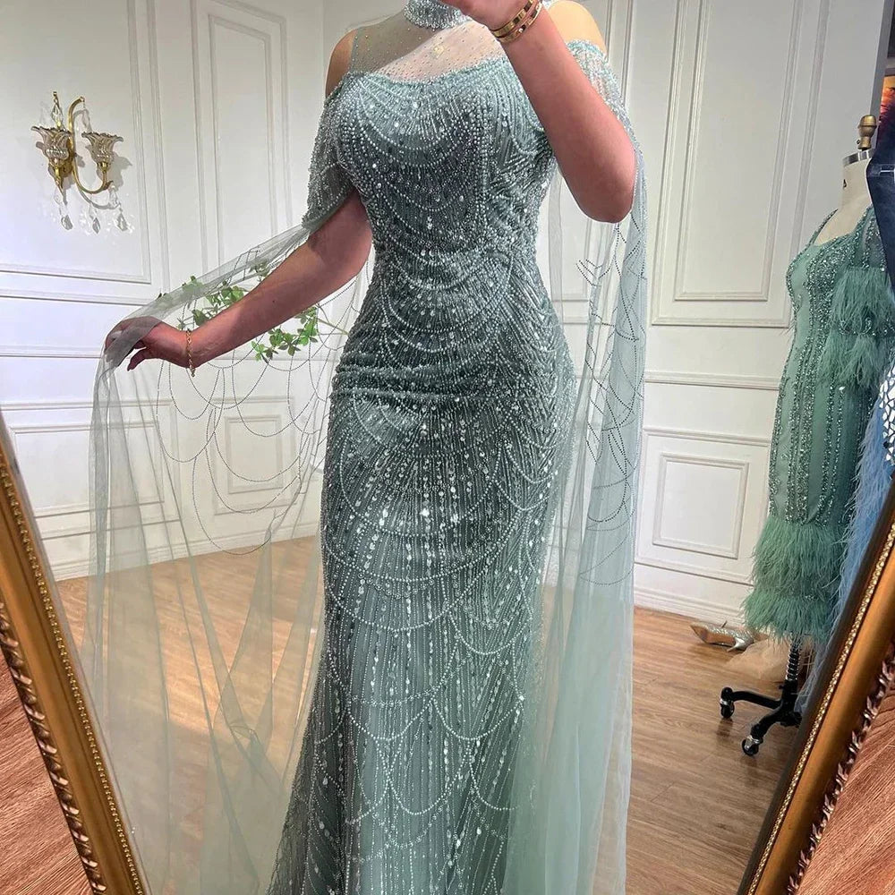 Serene Hill Dubai Purple Mermaid Cape Sleeves Beaded Long Evening Dress 2025 For Formal Occasion DLA71992 Customized