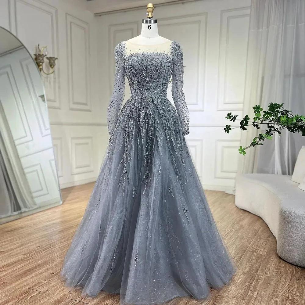 Serene Hill Muslim Pink A Line Beaded Luxury Dubai Long Evening Dresses Gowns For Woman Wedding Party by SERENE HILL