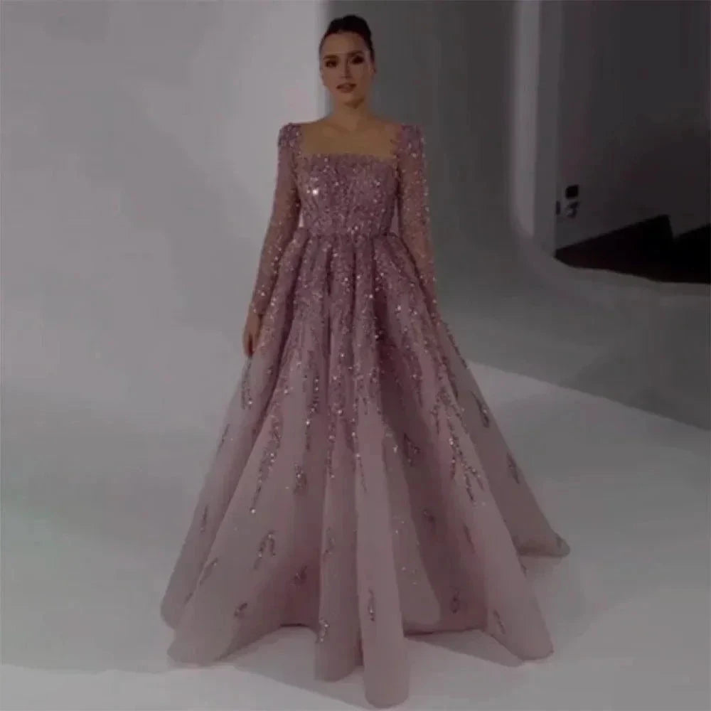 Serene Hill Muslim Pink A Line Beaded Luxury Dubai Long Evening Dresses Gowns For Woman Wedding Party by SERENE HILL