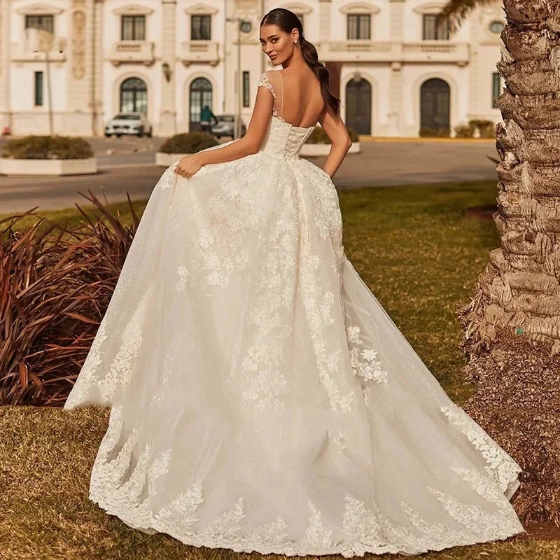 Sexy Backless Vestidos De Novia Appliques Vestido De Noiva Cap Sleeve Wedding Dresses Lace Robe De Mariée by payinti