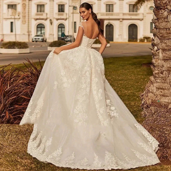 Sexy Backless Vestidos De Novia Appliques Vestido De Noiva Cap Sleeve Wedding Dresses Lace Robe De Mariée by payinti