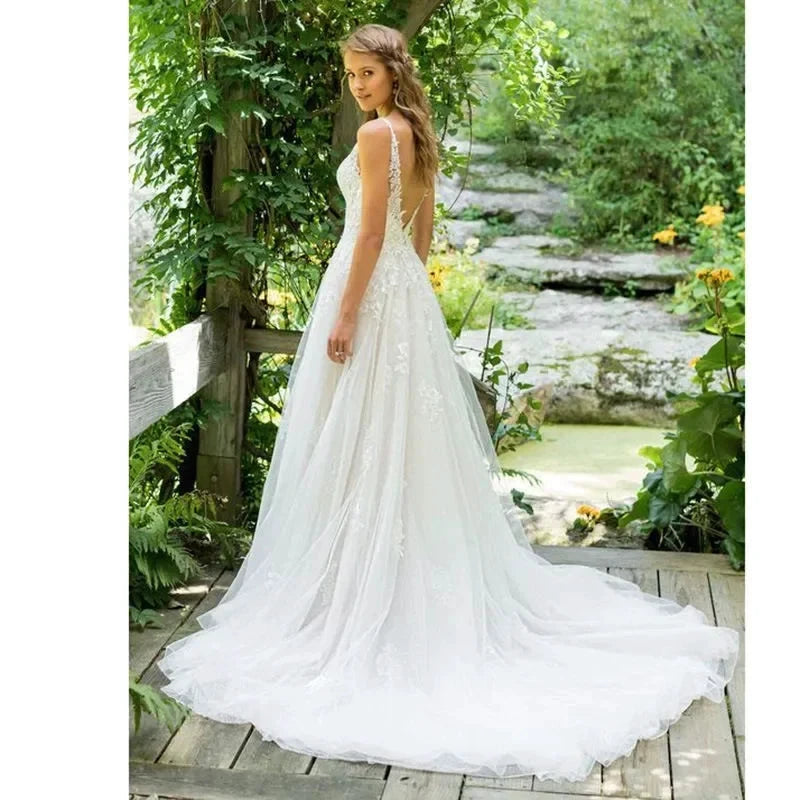 Sexy Backless Vestidos De Novia Appliques Vestido De Noiva V-Neck Wedding Dresses Lace Robe De Mariée by payinti