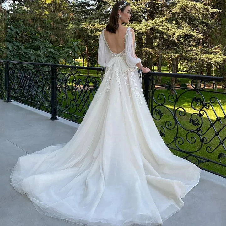 Sexy Deep V Neck Wedding Dress A-Line 3/4 Sleeve Open Back Tulle Lace Appliquéd Boho Bridal Gown Vestidos Custom by payinti