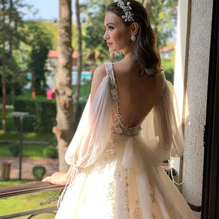 Sexy Deep V Neck Wedding Dress A-Line 3/4 Sleeve Open Back Tulle Lace Appliquéd Boho Bridal Gown Vestidos Custom by payinti