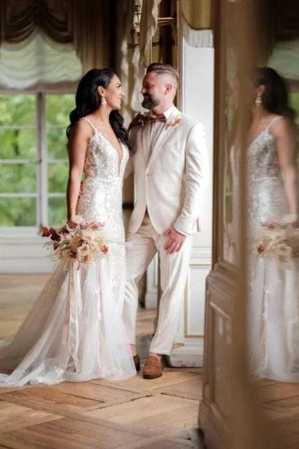 Sexy Long Mermaid V-neck Sleeveless Wedding dresses With Lace by misshow.com