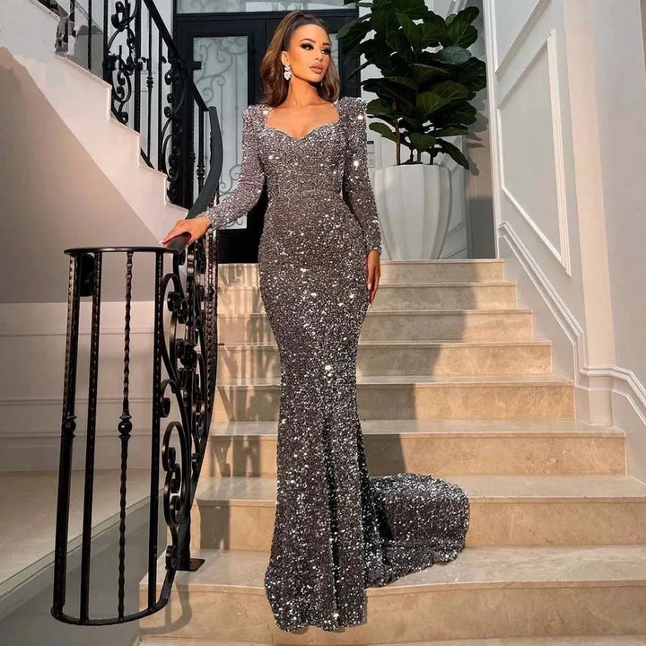 Sexy Mermaid Evening Dresses 2025 For Women Long Sleeves Sweetheart Velour Sequin Wedding Formal Prom Party Gowns Robe De Soiree SYP190 by Sunnderly