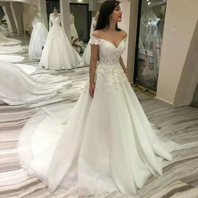 Sexy Off Shoulder Lace Wedding Dress Vintage Women&