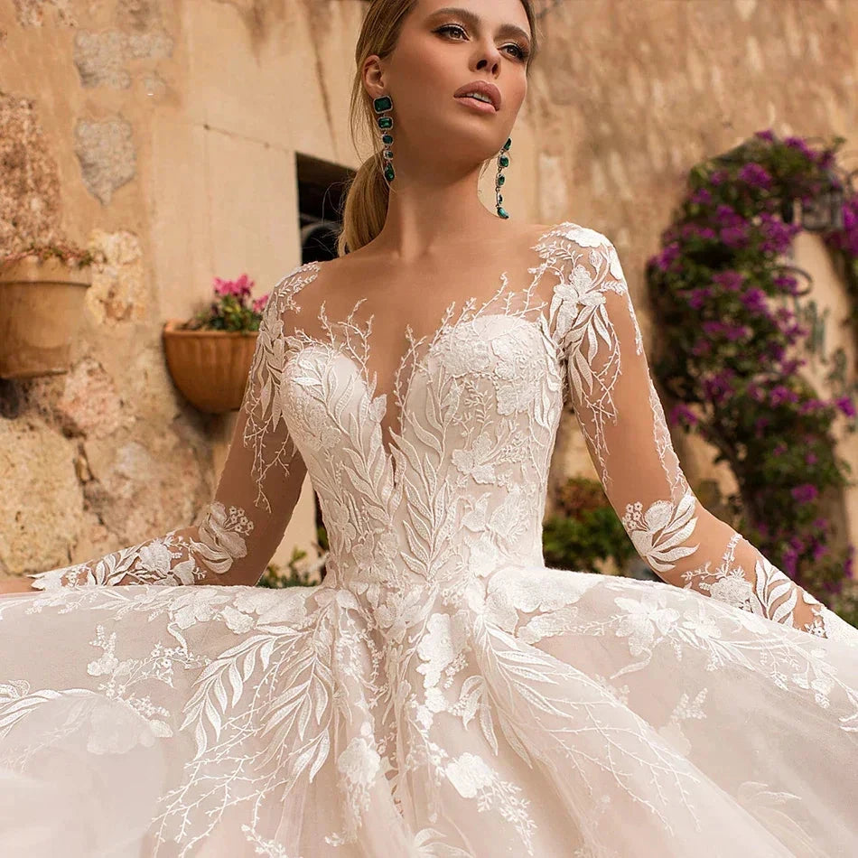 Sexy V-Neck Applique Wedding Dress Lace 2023 Illusion Long Sleeve A-Line Princess Bride Dress Bohemia Vestido De Noiva Women&