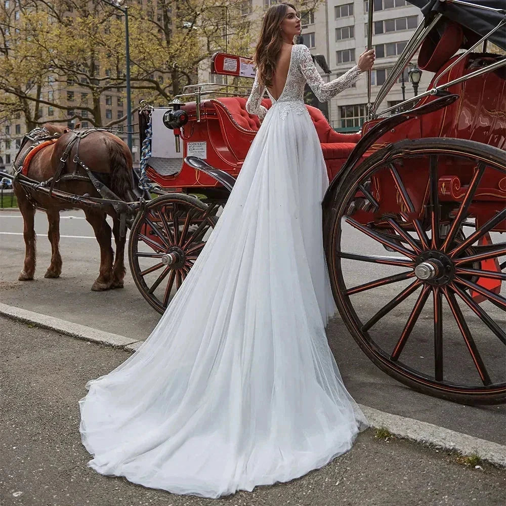 Sexy V Neck Backless Wedding Dresses Lace Long Sleeve Applique Princess Ball Gowns Fluffy A Line Side Slit formal ladies Party by payinti