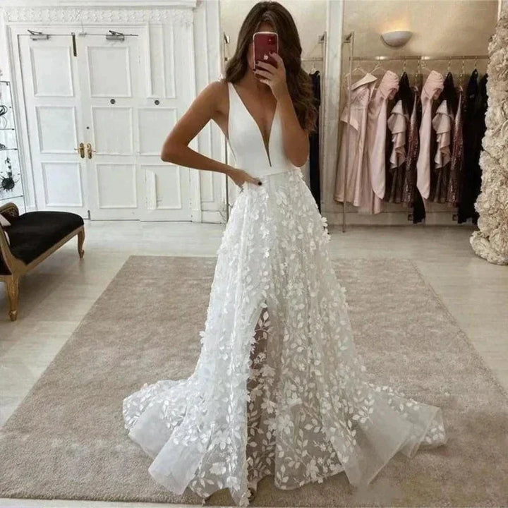Sexy V Neck Lace Appliques A Line Wedding Dress 2023 Off the Shoulder Satin Bridal Gown Sweep Backless Floor Robe De Mariée by payinti