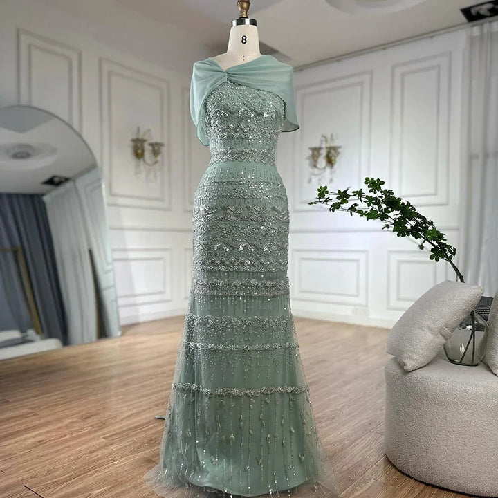 Serene Hill 2026 Customized Nude Mermaid Sleeveless Evening Dress with Long Cape Dubai Wedding Party Gowns for Women DLA72126B