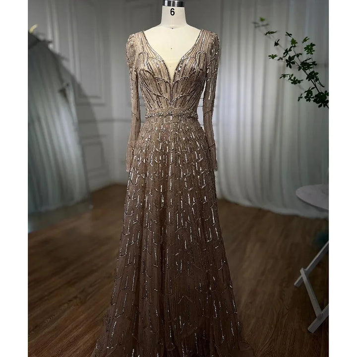 Serene Hill Customized Turquoise Muslim Long Sleeve A Line V-Neck Evening Dresses Beaded Party Gowns For Women 2025 DLA71940