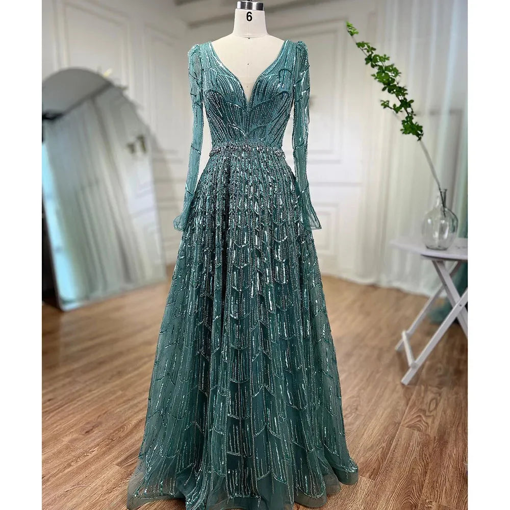 Serene Hill Customized Turquoise Muslim Long Sleeve A Line V-Neck Evening Dresses Beaded Party Gowns For Women 2025 DLA71940