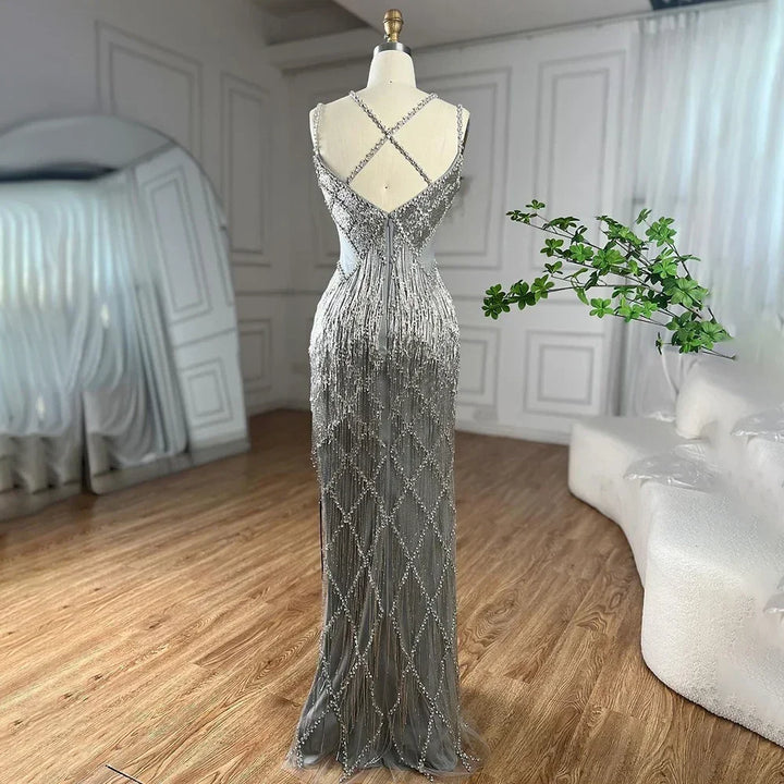 Serene Hill Silver Mermaid Gold Evening Gowns Luxury Beaded Tassel Spaghetti Strap Party Dresses For Women DLA72280 Customized