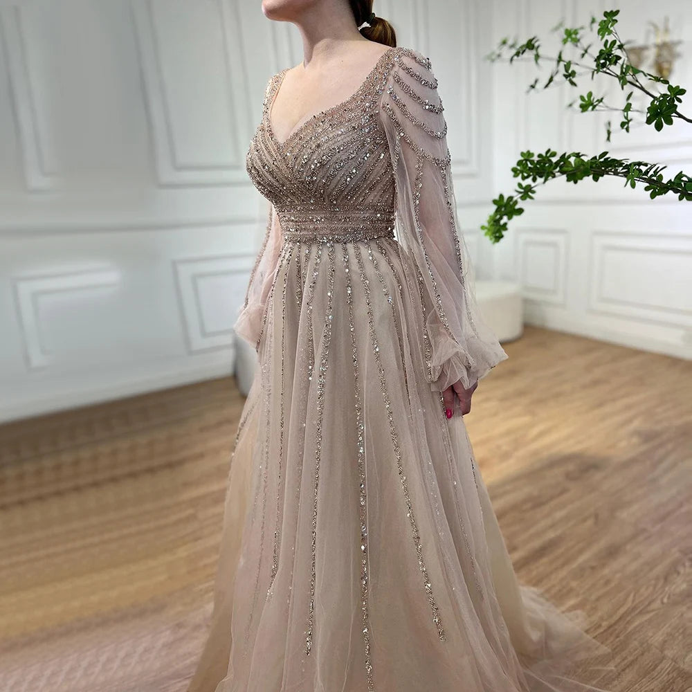 Serene Hill Customized Navy Long Sleeves A-Line Beaded Arabic Evening Dresses Gowns 2024 For Women Wedding Party DLA71867