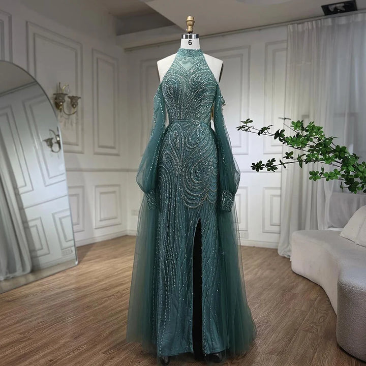 Serene Hill Customized 2026 Turquoise Mermaid Overskirt Beaded Evening Dresses Elegant Party Gowns For Women Wedding DLA72298