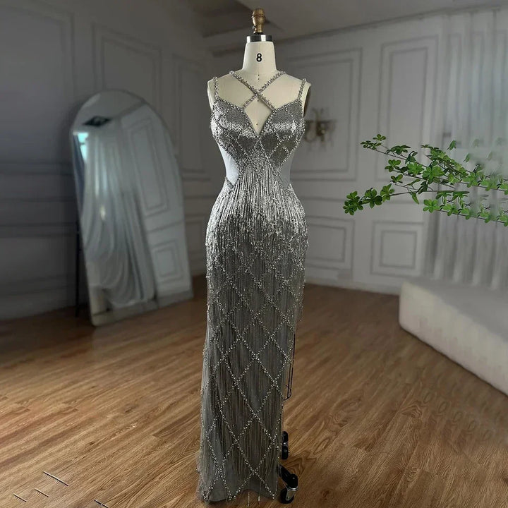 Serene Hill Silver Mermaid Gold Evening Gowns Luxury Beaded Tassel Spaghetti Strap Party Dresses For Women DLA72280 Customized