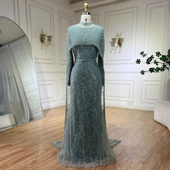 Serene Hill Customized Muslim Hijab Sage Green Long Sleeves Evening Dresses with Cape Dubai 2024 Party Gowns For Women LA72032M