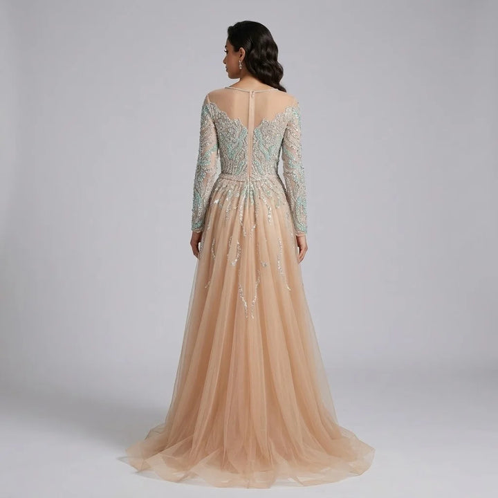 Serene Hill Nude Mermaid Long Sleeve Evening Dress with Overskirt Luxury Beaded Wedding Party Gown for Women Customized DLA71995