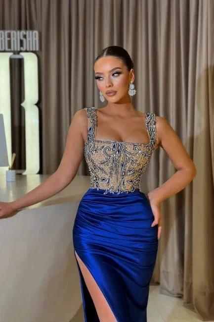 Sheath Royal Blue Straps Split Front Square Sleeveless Jewelry Ruffles Floor-Length Stain Prom Dresses with Beadings by misshow.com