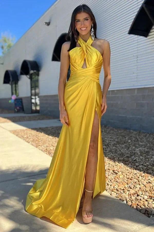 Sheath Halter Ruched Satin Yellow Long Prom Dress with Slit PSK581 by Pgmdress