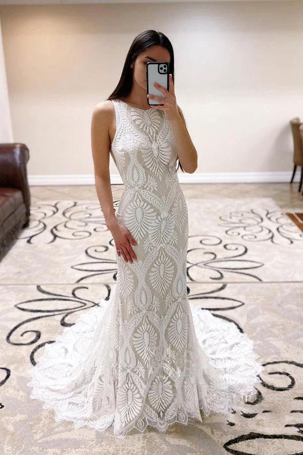 Sheath Lace Wedding Dress open Back Bridal Dress With Court Train WD590 by pgmdress