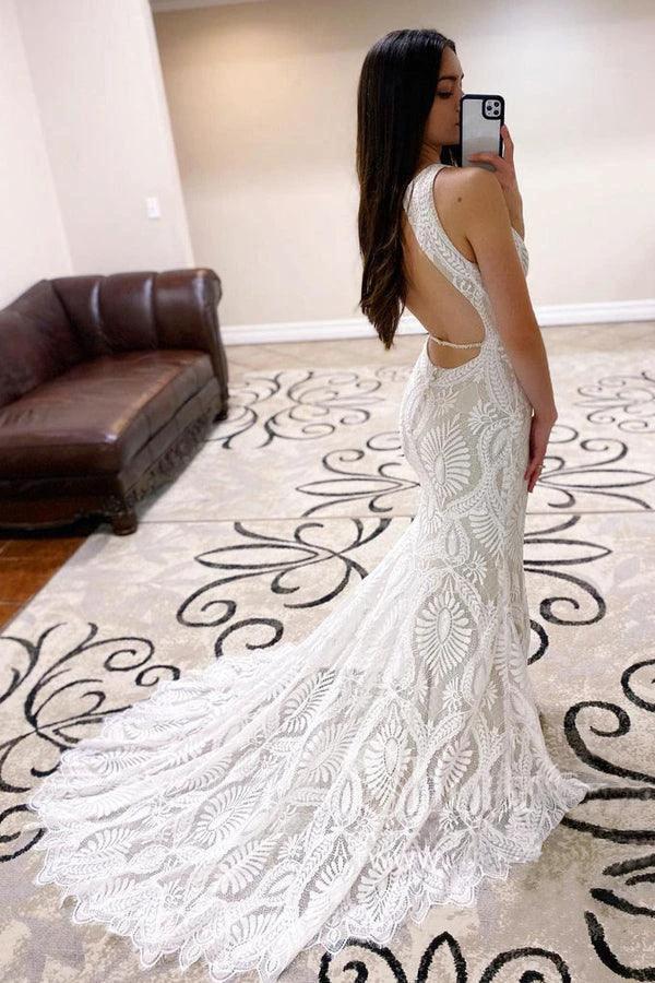 Sheath Lace Wedding Dress open Back Bridal Dress With Court Train WD590 by pgmdress