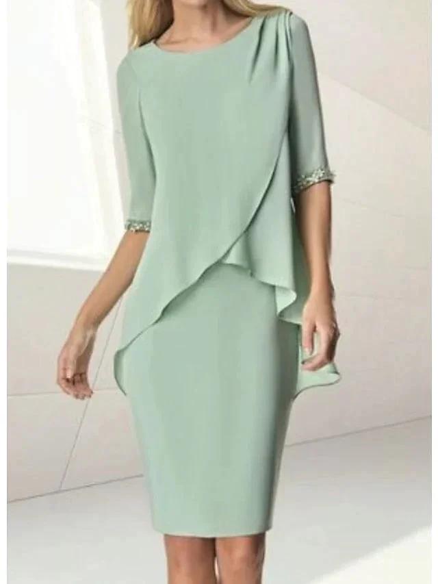 Sheath/Column Jewel Neck Knee-Length Half Sleeve Mother of the Bride Dresses with Beading Ruching by Dreamylily