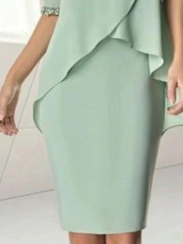 Sheath/Column Jewel Neck Knee-Length Half Sleeve Mother of the Bride Dresses with Beading Ruching by Dreamylily