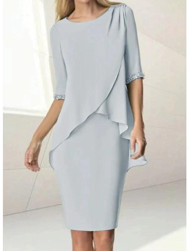 Sheath/Column Jewel Neck Knee-Length Half Sleeve Mother of the Bride Dresses with Beading Ruching by Dreamylily