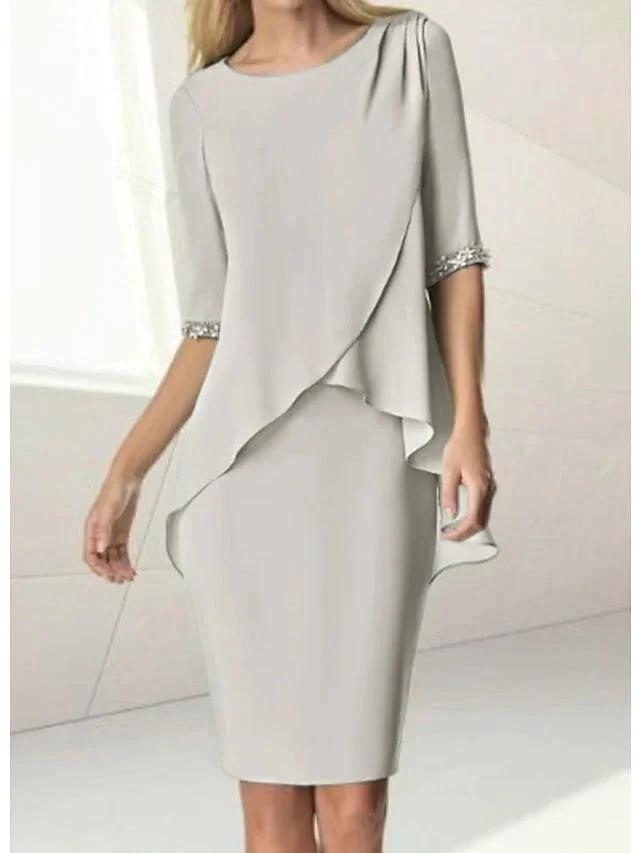 Sheath/Column Jewel Neck Knee-Length Half Sleeve Mother of the Bride Dresses with Beading Ruching by Dreamylily