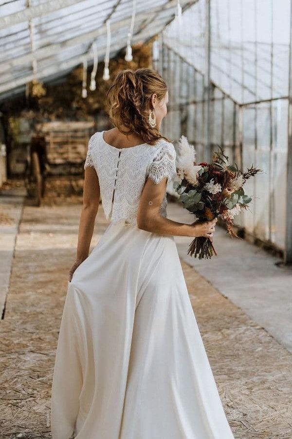 Short Sleeves Two-Piece Wedding Dresses with Lace Separates WD601 by pgmdress