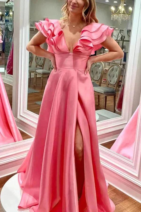 Silky Satin V Neck Ruffles Hot Pink Prom Dresses Formal Dresses PSK542 by pgmdress