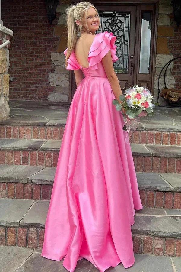 Silky Satin V Neck Ruffles Hot Pink Prom Dresses Formal Dresses PSK542 by pgmdress