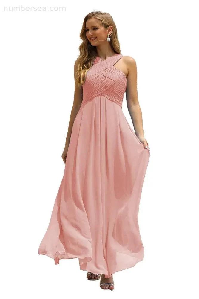 Numbersea Women Halter Chiffon Bridesmaid Dress A-line Long Formal Prom Gown SEA28015 by numbersea