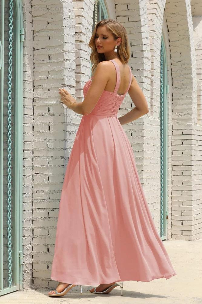 Numbersea Women Halter Chiffon Bridesmaid Dress A-line Long Formal Prom Gown SEA28015 by numbersea