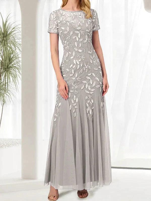 Blue Mermaid Round Neck Long Mother of the Bride Dress With Beadings by Dreamylily