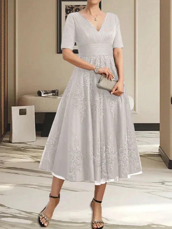 A-line V-Neck Tea-Length Tulle Lace Mother of the Bride Dress With Pleated by Dreamylily