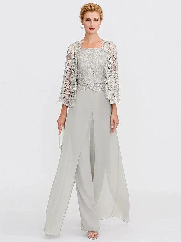 3 Piece Chiffon Square Neck Mother of the Bride Pantsuits with Jacket