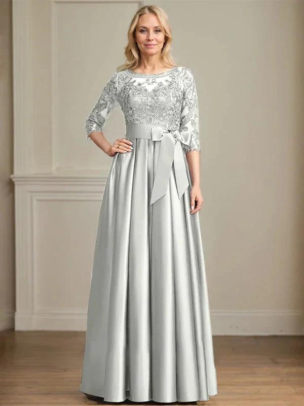 A-line Scoop Illusion Floor-Length Satin Lace Mother of the Bride Dress With Sequins Bow by Dreamylily
