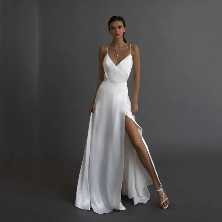 Simple A Line Satin Wedding Dress V Neckline Spaghetti Straps Bridal Gown Sexy High Split Backless Vestido De Novia Custom Made by payinti