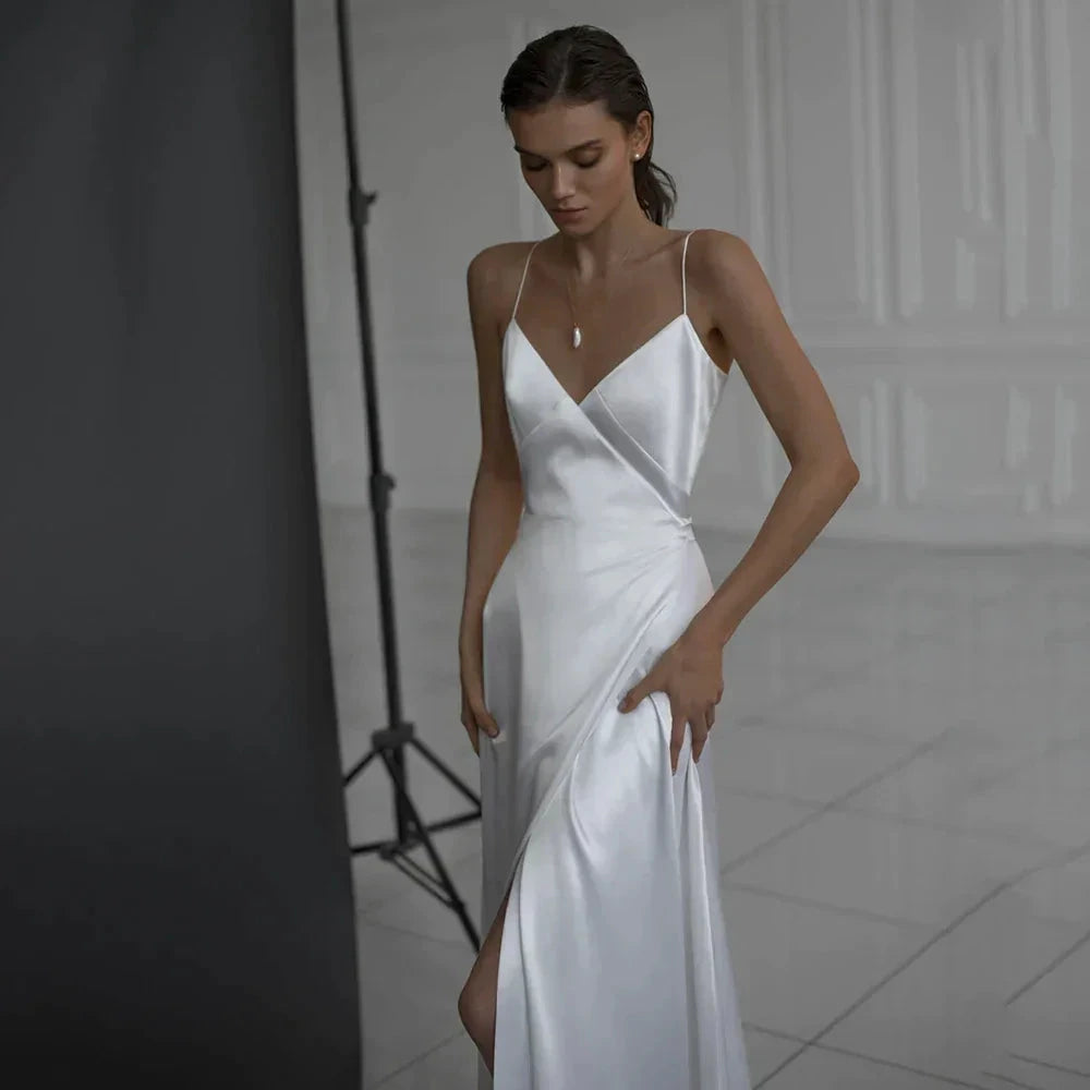 Simple A Line Satin Wedding Dress V Neckline Spaghetti Straps Bridal Gown Sexy High Split Backless Vestido De Novia Custom Made by payinti