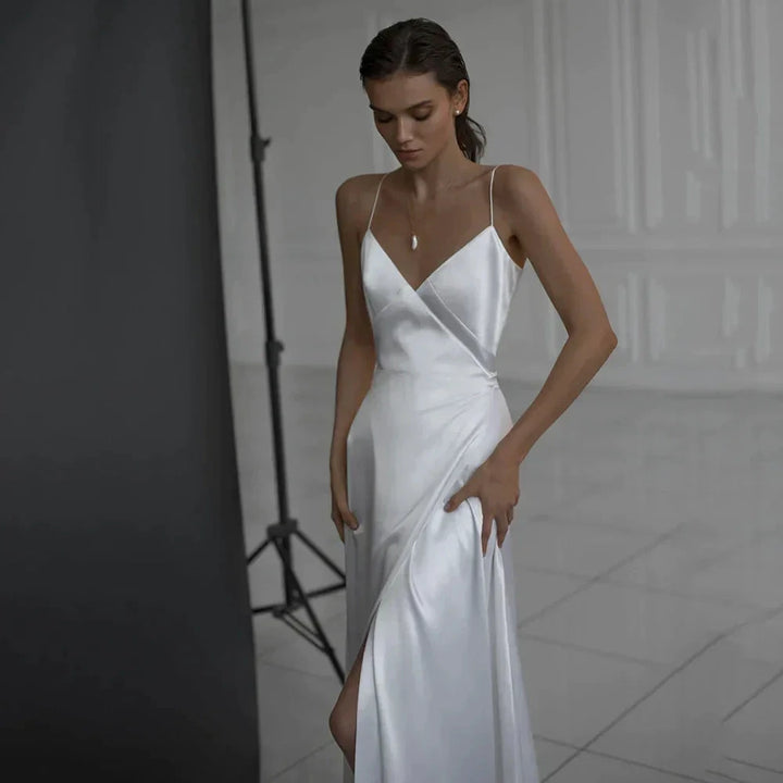 Simple A Line Satin Wedding Dress V Neckline Spaghetti Straps Bridal Gown Sexy High Split Backless Vestido De Novia Custom Made by payinti
