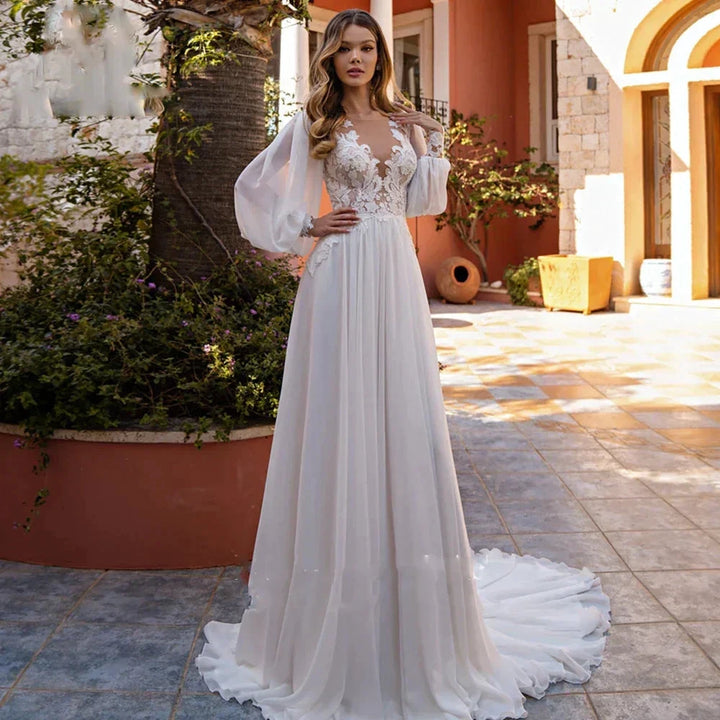 Simple A-Line V-neck Chiffon Wedding Dress Women&