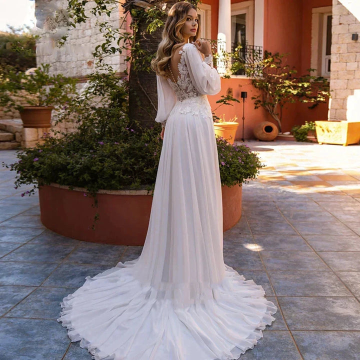 Simple A-Line V-neck Chiffon Wedding Dress Women&