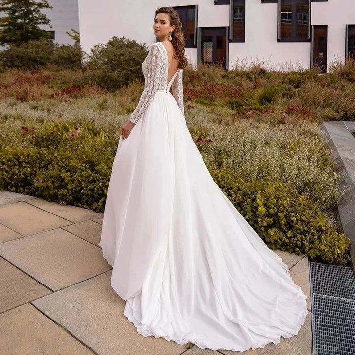 Simple Chiffon Boho Wedding Dresses Deep Sexy V Neck Long Sleeves Flowy Bohemian Bridal Wedding Gowns Backless A Line Robe Maria by payinti
