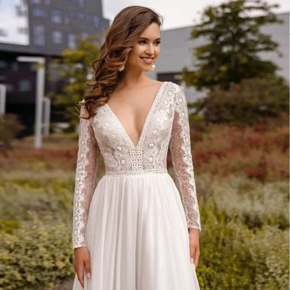 Simple Chiffon Boho Wedding Dresses Deep Sexy V Neck Long Sleeves Flowy Bohemian Bridal Wedding Gowns Backless A Line Robe Maria by payinti